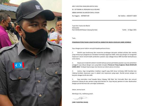 Gambar kiri: Arie Yudhistira Ishaq Arifin Fadli.Surat yang dikongsi kepada Sinar Harian