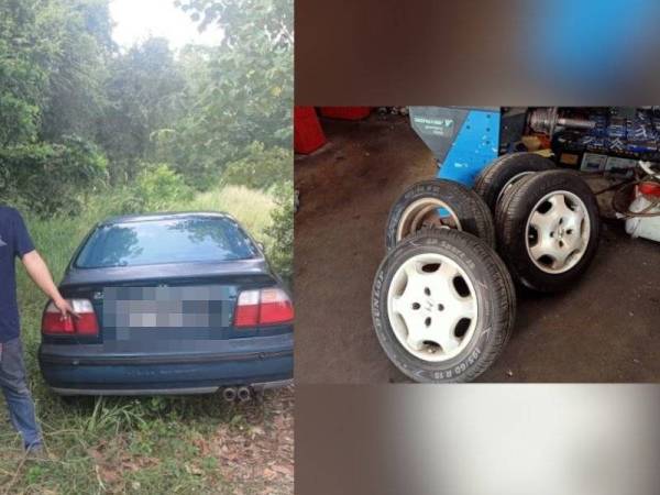 kereta Honda Accord SV4 yang ditemui semula dalam serbuan di Kampung Duyong, Melaka pada Sabtu. Tayar kenderaan yang telah dibuka dipercayai untuk dijual turut jumpai di rumah suspek utama di Kampung Duyong, Melaka pada Sabtu.