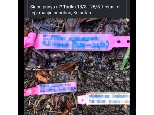 Tiga gelang pink Covid-19 yang telah dipotong ditemui di tepi jalan berhampiran Masjid Bunohan, Chabang Empat Tumpat, Tumpat mengundang kegusaran orang ramai pada Selasa.