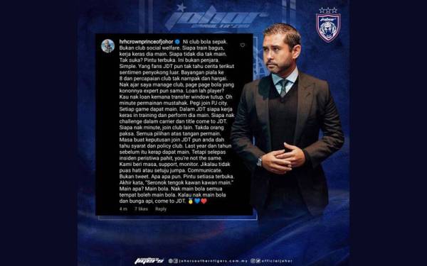 Kenyataan Tunku Ismail di laman Facebook Johor Southern Tigers.