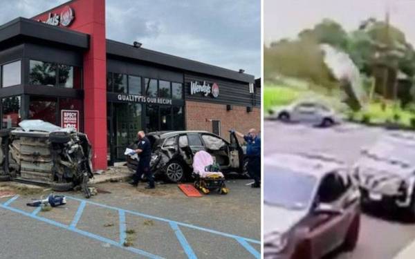 Sebuah kereta (kiri) yang terbang mengenai sebuah lagi kenderaan. Gambar kanan pula menunjukkan kereta yang terbang itu jatuh di depan sebuah restoran di South Brunswick baru-baru ini. - Foto Polis South Brunswick