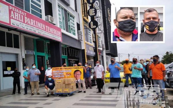 Seramai 30 ahli Persatuan Kereta Sewa dan Tuan Punya Temerloh menerima bantuan kotak makanan dari Pusat Khidmat Ahli Parlimen Temerloh pada Selasa. (Gambar kecil: Nasaruddin, Gunasekaran)