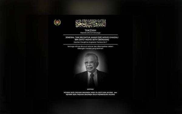 Jenazah bekas Panglima Angkatan Tentera Jen (B) Tan Sri Mohd Ghazali Mohd Seth selamat dikebumikan di Tanah Perkuburan Islam Bukit Kiara.