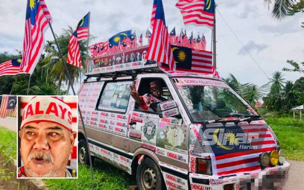 Muhammad Nasir Mustapha, 62, atau Mesra disapa Pak Dor Nasir Bendera bangga memandu vak miliknya yang dihiasi dengan Jalur Gemilang. Gambar kecil: Muhammad Nasir Mustapha