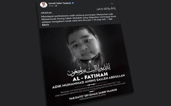 Ismail Sabri mengucapkan takziah kepada ahli keluarga Aming atau nama sebenarnya, Muhammad Aming Salleh Abdullah menerusi hantaran di laman Facebooknya. - Foto FB Ismail Sabri Yaakob