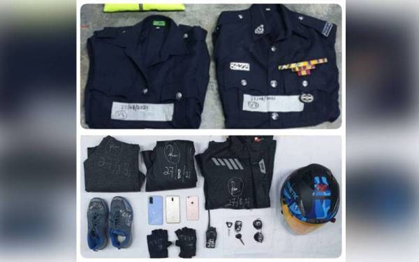 Baju seragam PDRM turut dirampas dalam serbuan di Kampung Klang Gate Baharu, Ampang pada Jumaat.