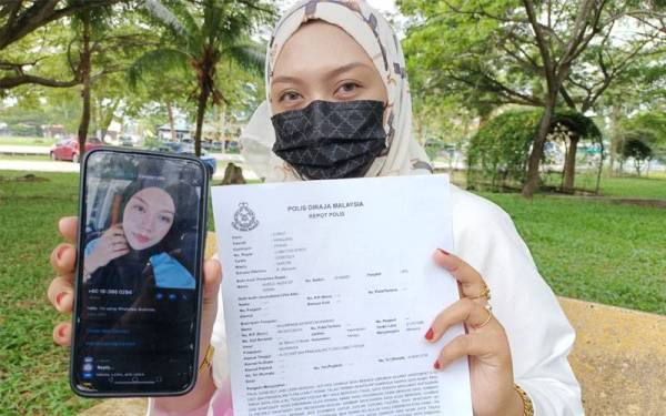 Noor Fadilah menunjukkan laporan polis dan gambarnya yang disalah guna scammer membabitkan jualan Tudung Fazura.