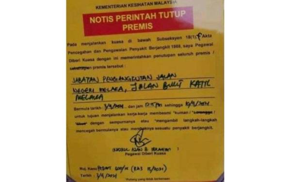 Notis penutupan Ibu Pejabat JPJ Melaka bermula Jumaat.