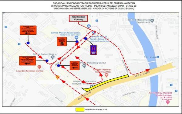 Penutupan jalan dan lencongan trafik akan dilaksanakan di persimpangan lampu isyarat dari Jalan Sultan Azlan Shah (arah Sentul) menghala ke Jalan Tun Razak bermula esok sehingga 4 November ini.