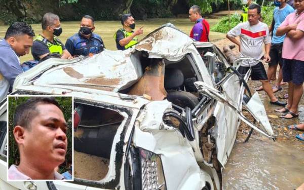 Perodua Myvi yang ditemui pagi Sabtu di Sungai Dambai, Inanam. Gambar kecil: Joseph