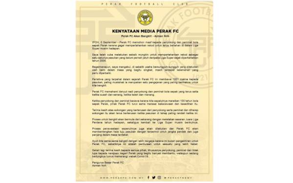 Kenyataan akhbar Perak FC mengenai keadaan semasa pasukan dan sasaran selepas tersingkir ke Liga Perdana musim depan pada Ahad.