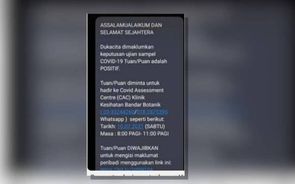 Contoh mesej dihantar kepada mangsa berhubung keputusan ujian saringan Covid-19.