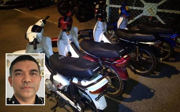 Empat motosikal Honda EX5 yang dirampas dalam serbuan berasingan itu. Gambar kecil: Afzanizar