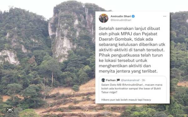 Balasan ciapan Amirudin berhubung perkembangan di Bukit Tabur, pada Sabtu. Foto: Ihsan Twitter @Iamkanahraf. 