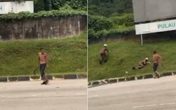 Tular klip video di media sosial menunjukkan seorang lelaki yag membawa sabit mengamuk dan mengganggu lalu lintas di Jalan Bukit Gambir, dengan membawa senjata dipercayai sabit.