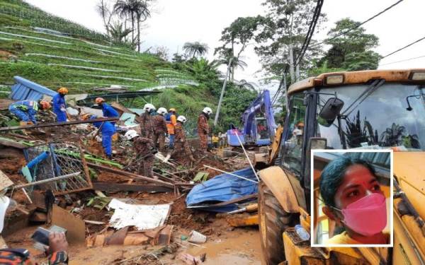 Operasi mencari dan menyelamat yang dijalankan di lokasi kejadian tanah runtuh di Jalan Sungai Palas, Cameron Highlands pada petang Khamis. (Gambar kecil: Kalaiarasi)