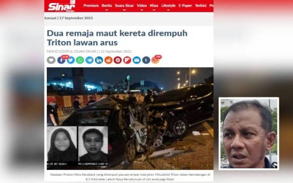 Pada awal pagi Ahad, dua maut apabila kereta Proton Wira Aeroback dinaiki mereka dirempuh sebuah kenderaan pacuan empat roda jenis Mitsubishi Triton yang dipandu melawan arus di Kilometer 8.5 Lebuh Raya Persekutuan di sini. (Gambar kecil: Baharudin)