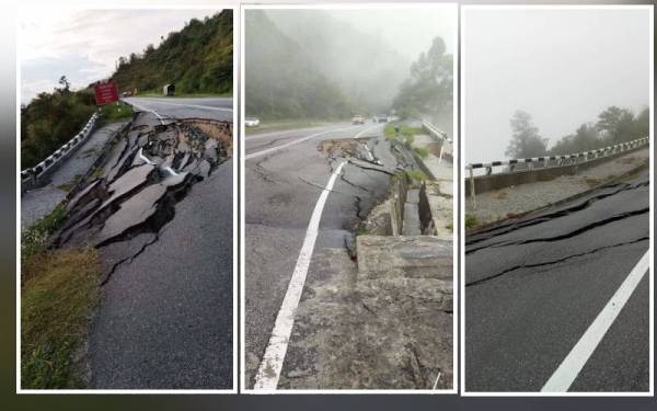 Keadaan Jalan Simpang Pulai - Cameron Highlands yang runtuh dalam kejadian pada Sabtu. - Foto ihsan pembaca