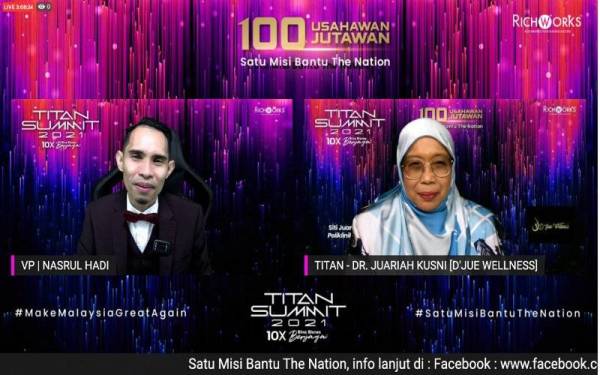 Naib Presiden RichWorks, Nasrul Hadi Shukran bersama salah seorang daripada 100 usahawan jutawan, Dr Juariah Kusni yang berkongsi kisah perjalanannya dalam Titan Summit 2021 yang bermula pada Jumaat hingga Ahad ini.