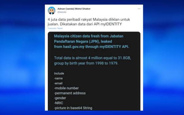 Pangkalan data mengandungi 4 juta data rakyat Malaysia dijual