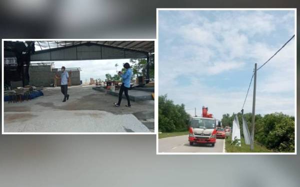 Sebuah kilang yang terjejas akibat puting beliung yang berlaku di kawasan Chuah, Port Dickson pada Rabu.Gambar kanan : Atap zink yang berterbangan selepas kejadian puting beliung di kawasan Chuah, Port Dickson 