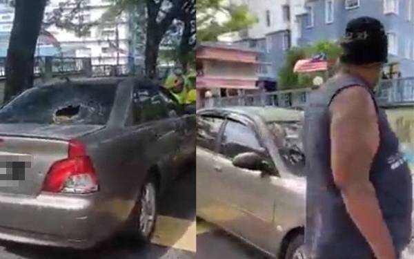 Suspek mengamuk sambil memegang seketul batu sebelum bertindak memecahkan cermin lalu membakar sebuah Proton Waja yang diletakkan di bahu jalan di Jalan BK5, Bandar Kinrara, Puchong pada Rabu.