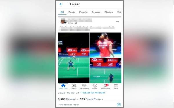 Tangkap layar komen berbaur perkauman ke atas atlet badminton perseorangan wanita negara.