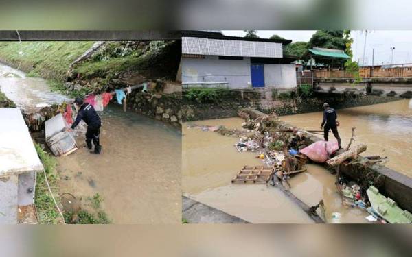 Kerja-kerja pembersihan sisa-sisa pepejal yang dilakukan di parit, longkang dan saliran utama. Antara bahan buangan yang ditemui sewaktu kerja pembersihan dilaksanakan di sungai, parit, longkang serta saliran utama susulan banjir kilat di bandar raya ini, Khamis lalu.- Foto MBJB. 