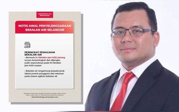 Notis yang dikeluarkan hentitugas.airselangor.com memaklumkan peringkat pemulihan bekalan air akan bermula jam 5 petang pada 14 Oktober dan dijangka pulih sepenuhnya pada 16 Oktober, jam 9 malam.