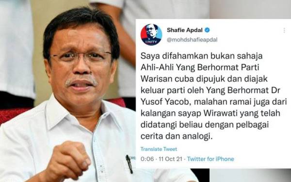 Tangkap layar ciapan Shafie di Twitter pada Ahad.