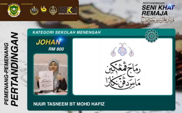 Nuur Tasneem diumumkan sebagai johan kategori Sekolah Menengah pada Majlis Penutup Pertandingan Seni Khat Remaja Peringkat Negeri Perak secara maya pada Isnin.