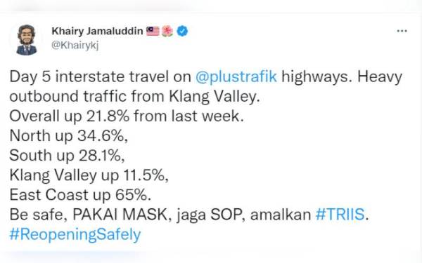 Tangkap layar ciapan di Twitter Khairy pada Sabtu.