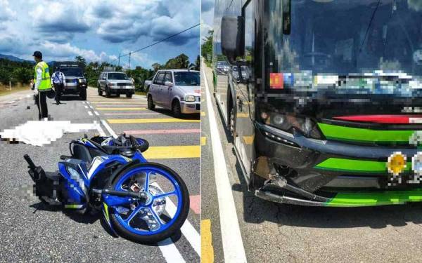 Mangsa meninggal dunia di lokasi kejadian selepas dilanggar sebuah bas di Kilometer 16, Jalan Bentong-Raub, Bentong pada Selasa. - Foto ihsan PDRM