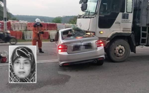 Kereta Honda City dipandu mangsa yang terlibat dalam kemalangan dengan sebuah lori di Simpang Tiga Alor Gajah Lama, berdekatan Sekolah Kebangsaan (SK) Durian Tunggal pada Isnin. Gambar kecil: Mangsa, Sakura @ Muna Sakura