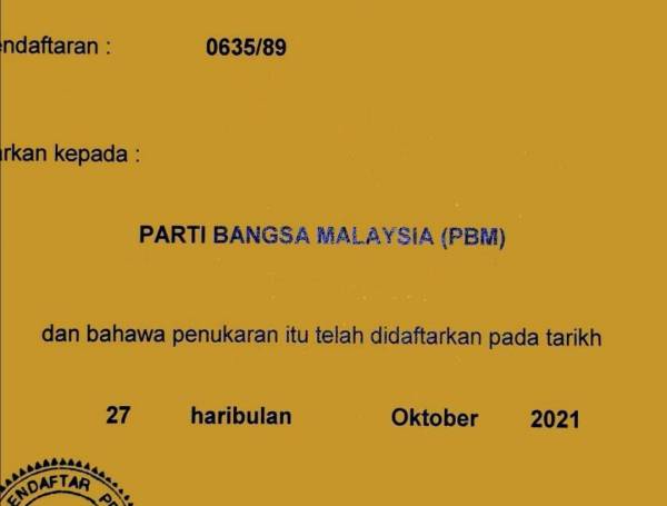 Gambar tular mengenai pendaftaran parti baharu dengan nama Parti Bangsa Malaysia (PBM).