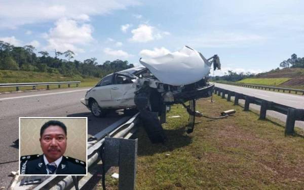 Kereta dipandu mangsa yang melanggar pembahagi jalan selepas terbabas di KM 357.5 Lebuh Raya Pantai Timur Fasa 2, Dungun pada Ahad.(Gambar kecil:Baharudin)