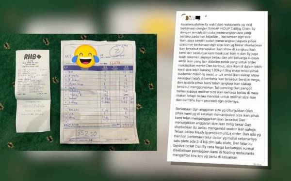 Bil dimuat naik netizen memaparkan harga seekor ikan siakap RM1,196.80 dikenakan sebuah restoran di Langkawi. (Kanan: Pemilik restoran memuat naik kenyataan menjelaskan hal sebenar di laman sosial Facebook.)