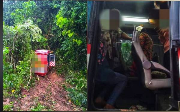 Keadaan bas yang terjatuh ke dalam gaung sedalam kira-kira tiga meter di Jalan Besar Jengka 5, Maran pada Isnin.(Gambar Kanan) Anggota bomba menyelamatkan pemandu dan penumpang di dalam bas yang terjatuh ke dalam gaung sedalam kira-kira tiga meter di Jalan Besar Jengka 5, Maran pada Isnin. Foto: FB Bomba dan Penyelamat Negeri Pahang