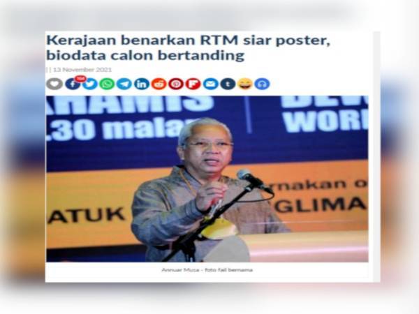 Kerajaan membenarkan Radio Televisyen Malaysia (RTM) untuk menyiarkan poster dan biodata calon yang bertanding pada Pilihan Raya Negeri (PRN) Melaka bermula Ahad.