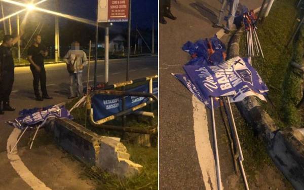 Bendera pelbagai parti politik yang dicabut kerana menghalang pemandangan pengguna jalan raya di simpang Jalan Melaka Perdana, Alor Gajah.