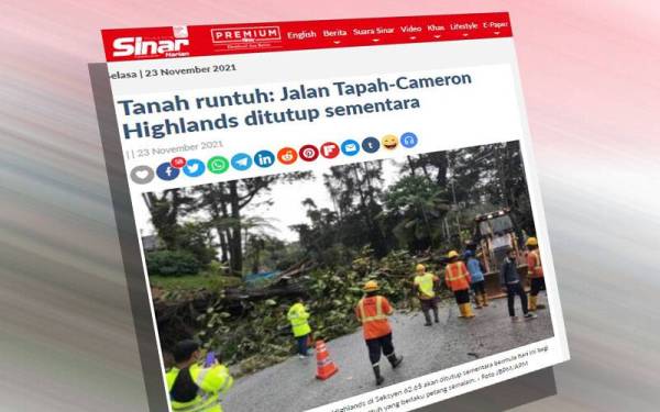 Jalan tapah-Cameron Highlands ditutup sepenuhnya bermula Selasa sehingga kerja membersihkan runtuhan tanah yang berlaku semalam selesai.