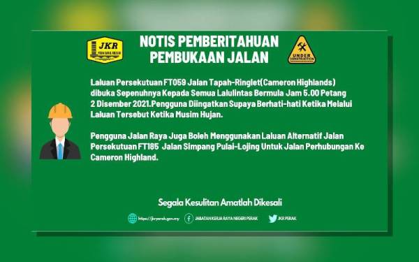 Notis pemberitahuan yang dikongsi JKR di laman sosial Facebook pada Khamis.