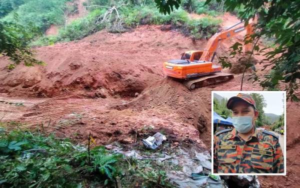 Keadaan semasa kesan runtuhan tanah di laluan FT 185, Jalan Simpang Pulai-Blue Valley di sini. - Foto ihsan bomba Perak (Gambar kecil: Muhamad Shahrizal)