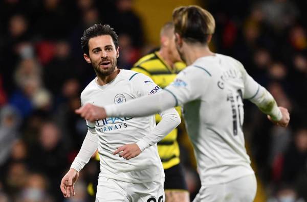 Bernardo Silva meraikan jaringan ketika berdepan Watford di Vicarage Road. -Foto: AFP