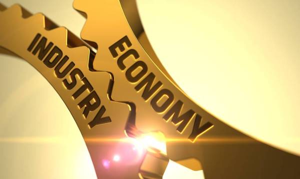 Economy Industry on the Mechanism of Golden Metallic Cog Gears. 3D Render.