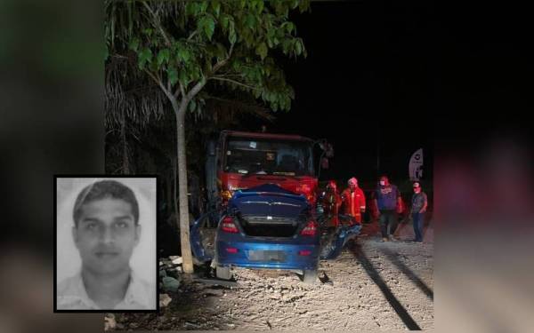 Kereta Proton Persona dipandu mangsa terbabas dan melanggar sebuah lori di bahu jalan. (Gambar kecil: Arumugam)