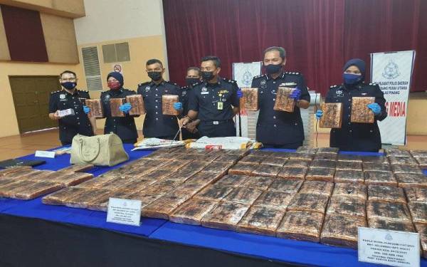 Mohd Radzi (dua dari kanan) bersama pegawai penyiasat menunjukkan ketulan ganja yang dirampas pada sidang akhbar di Ibu Pejabat Polis Daerah Seberang Perai Utara, Kepala Batas pada Jumaat.