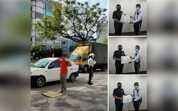 Ketua Jabatan Siasatan dan Penguatkuasaan Trafik (JSPT) Kuala Lumpur Asisten Komisioner Sarifudin Mohd Salleh menyampaikan surat penghargaan daripada Ketua Polis Kuala Lumpur kepada tiga anggota JSPT.