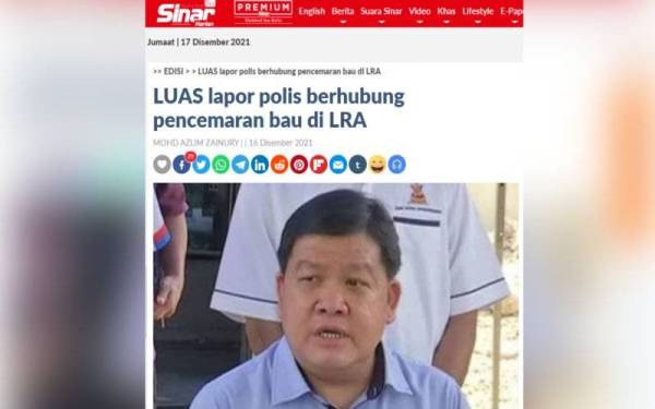 Lembaga Urus Air Selangor (LUAS) membuat laporan polis di Balai Polis Seksyen 15 di sini berhubung pencemaran bau di Loji Rawatan Air (LRA) Sungai Semenyih pada Khamis.