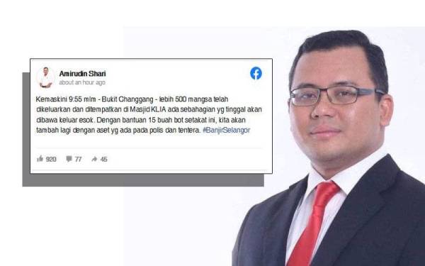 Amirudin berkongsi perkembangan terkini mangsa banjir di laman Facebooknya pada Isnin.